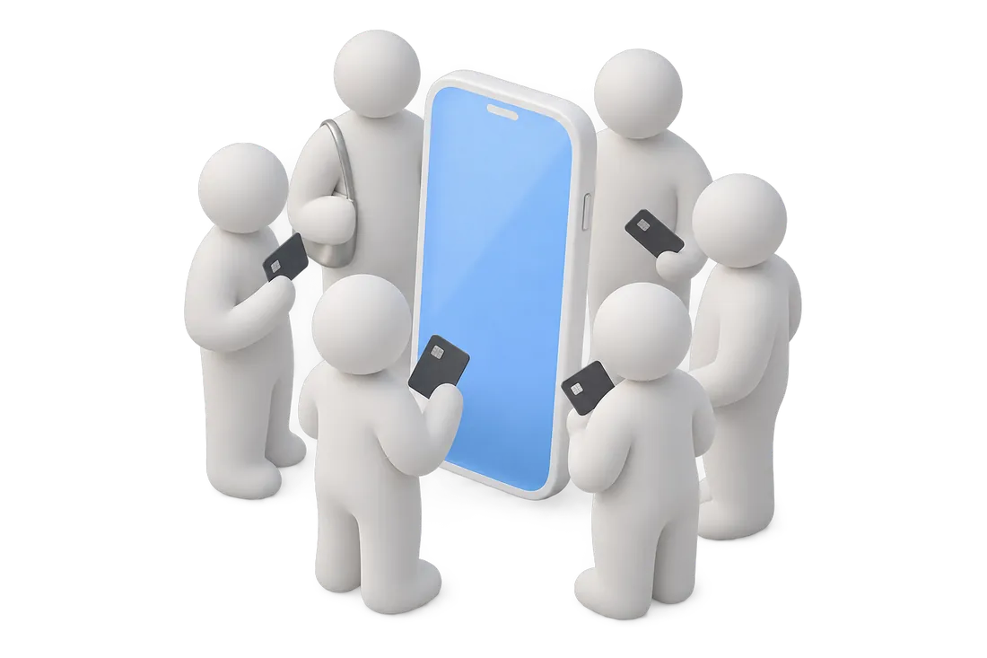 Figurines stand around a large phone, several holding cards
