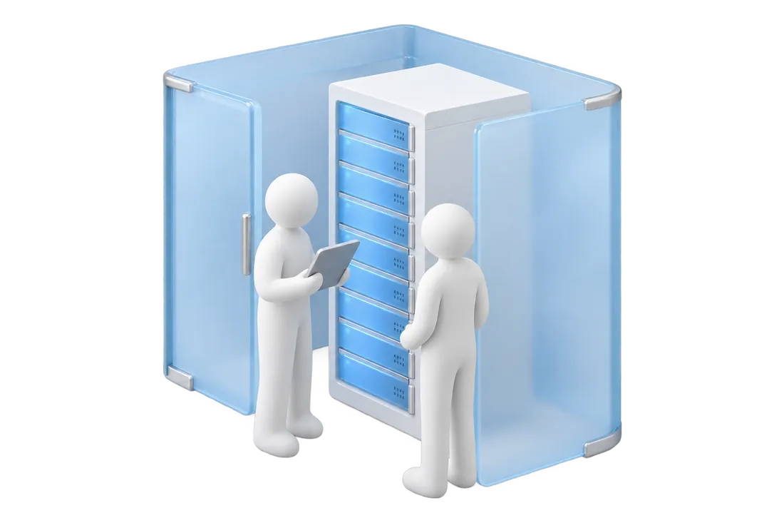 Two figurines with a tablet beside a server rack in a glass room
