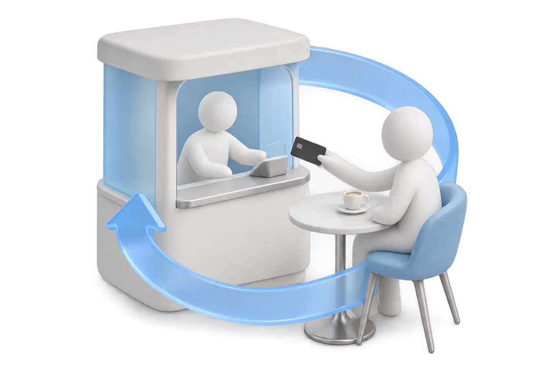 A cashier figurine in an exchange booth and a client figurine paying by card at a café table, joined by a looping arrow