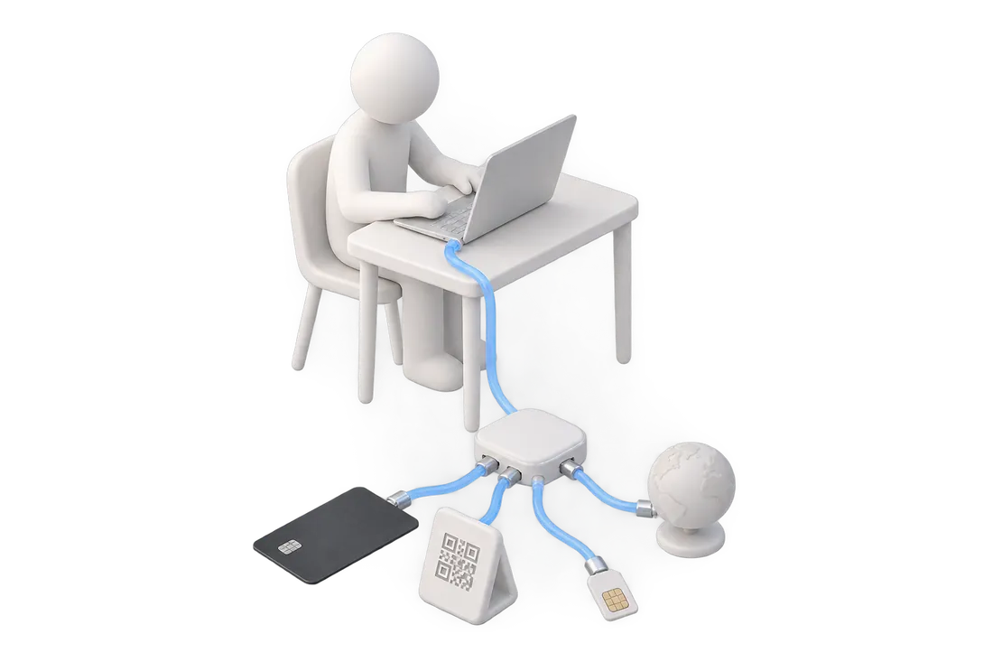 A figurine at a desk with a laptop; one cable from the laptop leads to a hub that branches out to a card, a QR stand, a SIM card and a globe