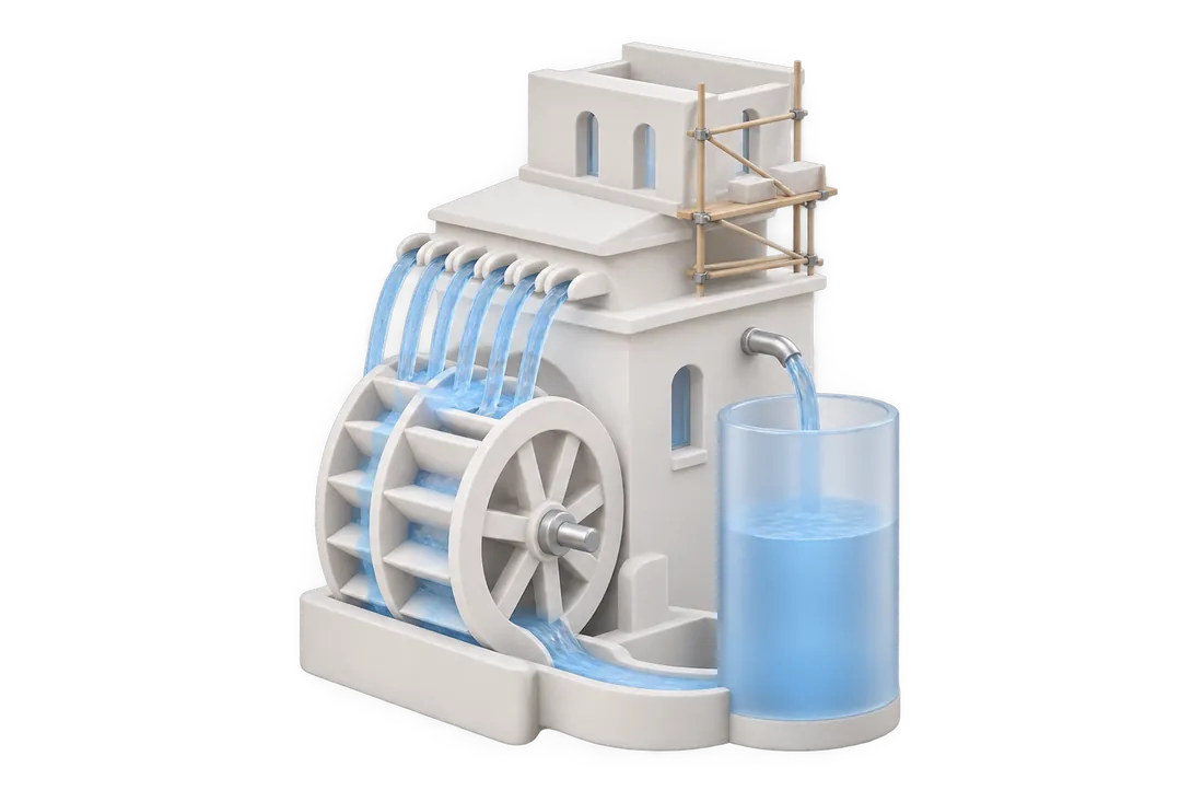 A water mill: six streams turn one wheel, the water fills a glass vessel, and a new floor is being built on top