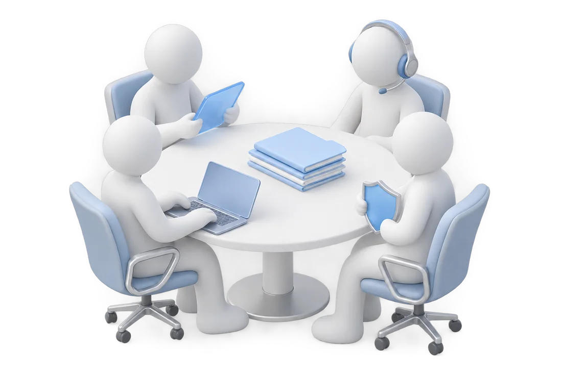 Four team figurines at a round table: product with a tablet, engineering with a laptop, compliance with a shield, support with a headset
