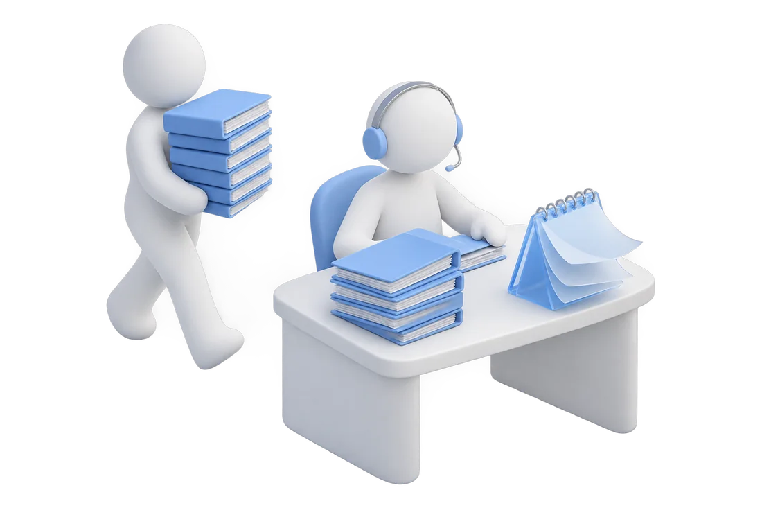 A figurine in a headset works at a desk with folders and a calendar; another carries more folders